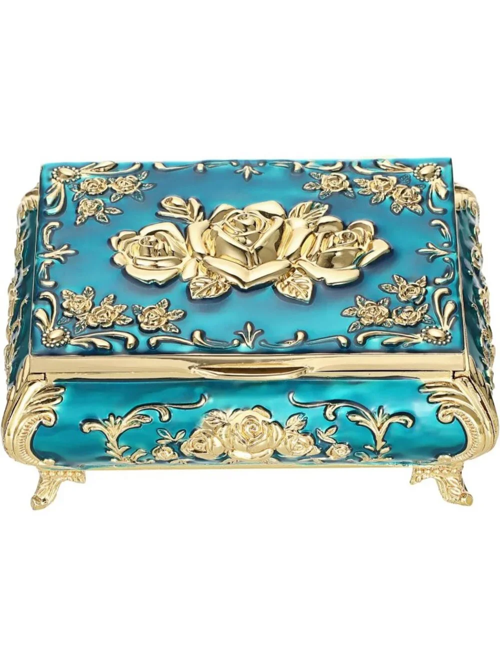 Vintage Small Metal Blue Trinket Case Engraved Jewelry Storage Box For Necklace